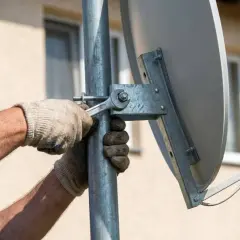 Ręce w rękawiczkach dokręcają śrubę kluczem, montując antenę satelitarną. To kluczowy etap, jak ustawiać antenę satelitarną.