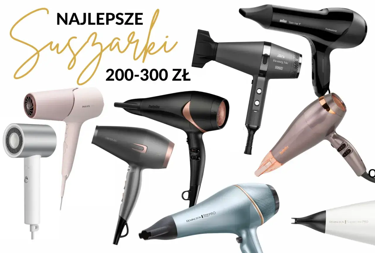 Najlepsze suszarki do włosów w cenie 200-300 zł, porównywalne do jakości Dyson. Znajdziesz tu modele marek Braun, Philips, BaByliss, Cecotec i Remington.